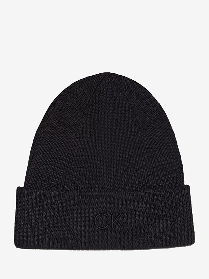 CALVIN KLEIN Moteriška kepurė su vilna ir kašmyru, CK EMBROIDERY FINE RIB BEANIE